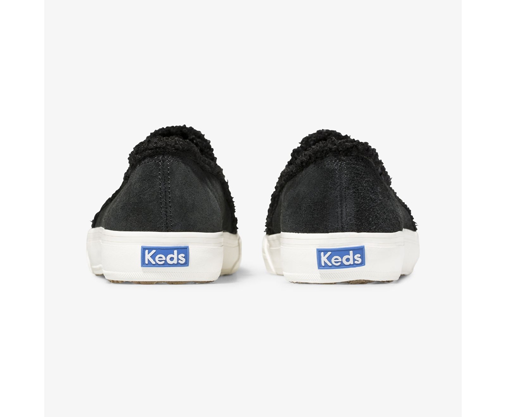 Slip Ons Keds Femme Noir - Double Decker Suede Faux Shearling - 105-XFHSAU